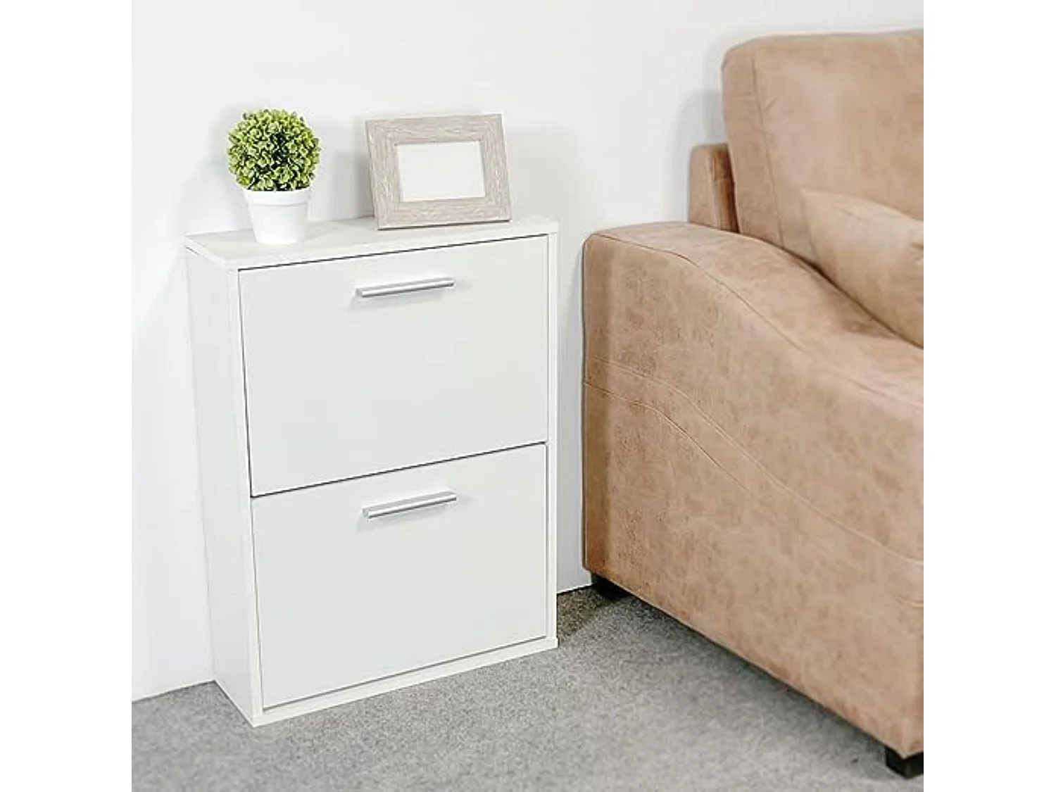 Meyvaser - Zapatero con 2 Puertas, Mueble para Zapatos Estrecho en Color Blanco, Medidas: 73 cm (Alto) x 54 cm (Ancho) x 18 cm (Fondo)