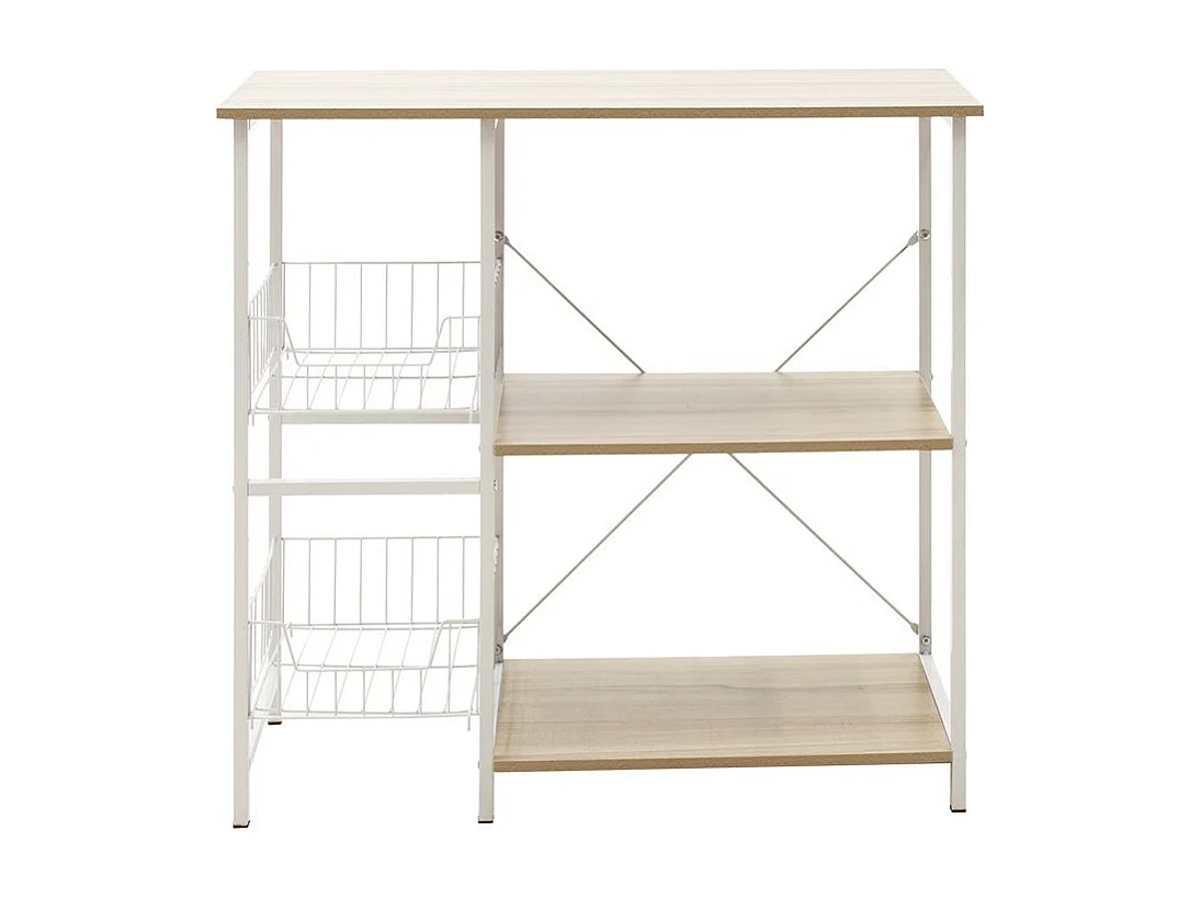 Estanteria de Cocina, Estantería para Microondas con 2 Cestas de Malla Metálica Blanca, 3 Estantes y Ganchos 80x34x75cm Color Madera y Blanco