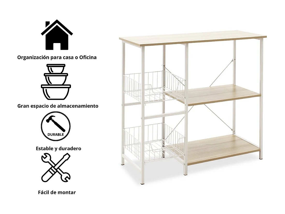 Estanteria de Cocina, Estantería para Microondas con 2 Cestas de Malla Metálica Blanca, 3 Estantes y Ganchos 80x34x75cm Color Madera y Blanco