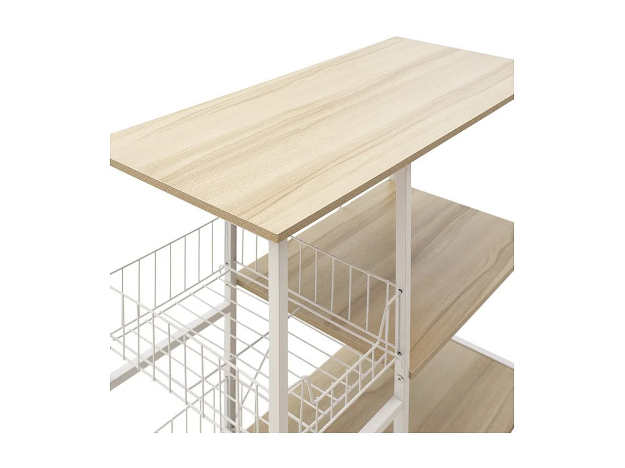 Estanteria de Cocina, Estantería para Microondas con 2 Cestas de Malla Metálica Blanca, 3 Estantes y Ganchos 80x34x75cm Color Madera y Blanco