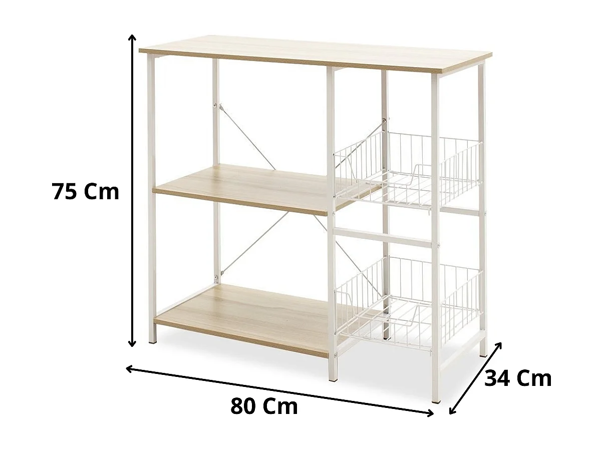 Estanteria de Cocina, Estantería para Microondas con 2 Cestas de Malla Metálica Blanca, 3 Estantes y Ganchos 80x34x75cm Color Madera y Blanco