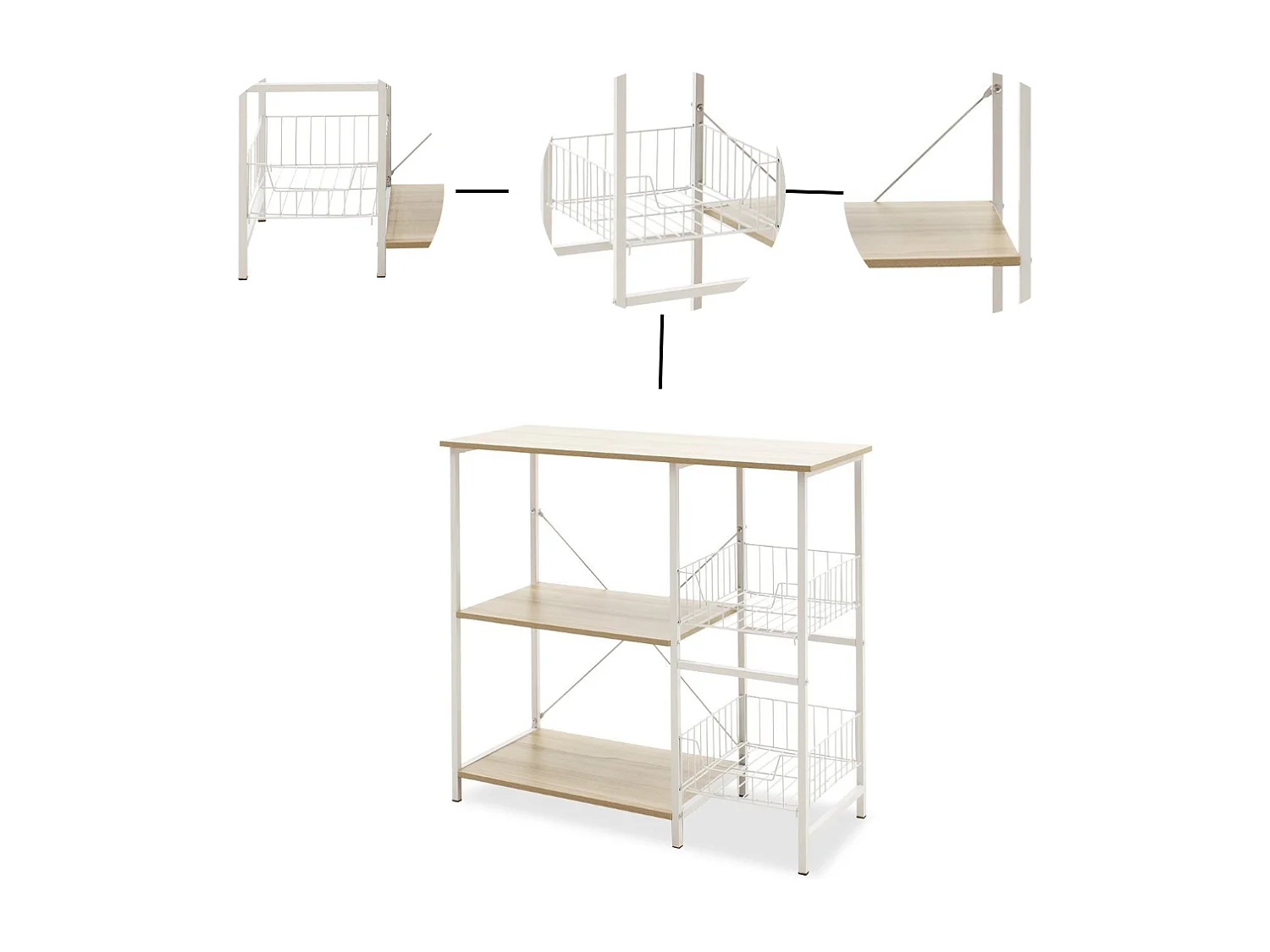 Estanteria de Cocina, Estantería para Microondas con 2 Cestas de Malla Metálica Blanca, 3 Estantes y Ganchos 80x34x75cm Color Madera y Blanco