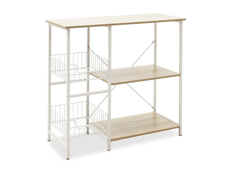 Estanteria de Cocina, Estantería para Microondas con 2 Cestas de Malla Metálica Blanca, 3 Estantes y Ganchos 80x34x75cm Color Madera y Blanco