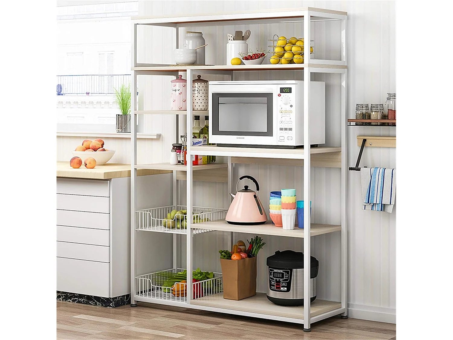 Estantería de Cocina, Estantería para Microondas, Estante Abierto de Pie 2 Mallas metálicas y múltiples Estantes 80x30x142cm, Color Negro y Madera