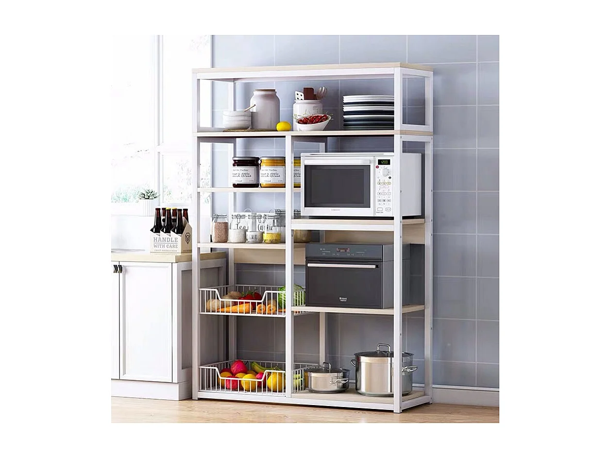 Estantería de Cocina, Estantería para Microondas, Estante Abierto de Pie 2 Mallas metálicas y múltiples Estantes 80x30x142cm, Color Negro y Madera