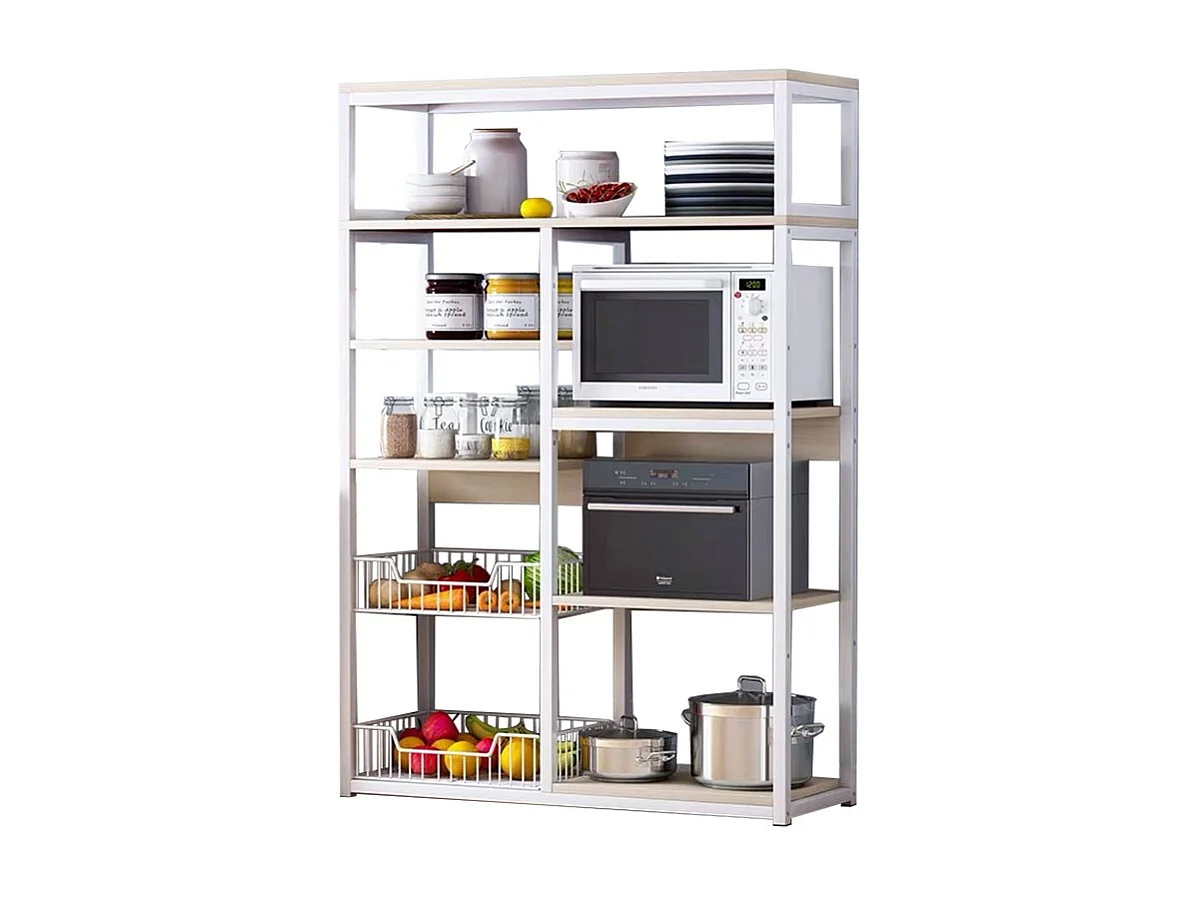 Estantería de Cocina, Estantería para Microondas, Estante Abierto de Pie 2 Mallas metálicas y múltiples Estantes 80x30x142cm, Color Negro y Madera