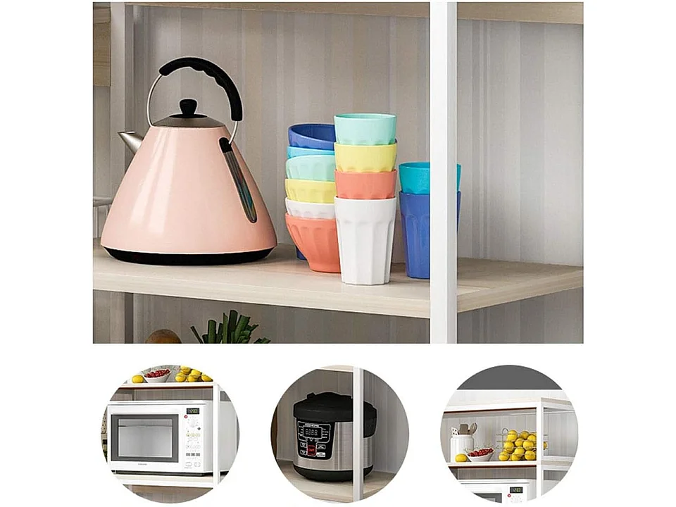 Estantería de Cocina, Estantería para Microondas, Estante Abierto de Pie 2 Mallas metálicas y múltiples Estantes 80x30x142cm, Color Negro y Madera