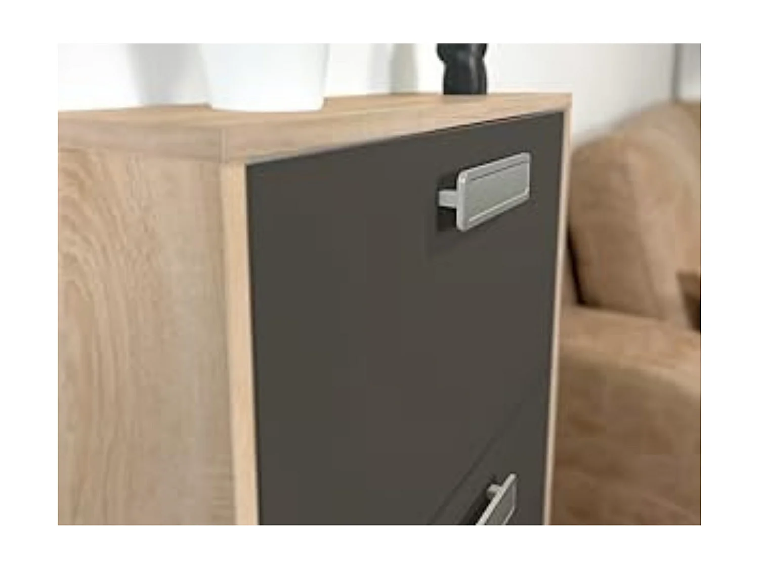 Meyvaser - Zapatero 3 Puertas, Zapatero Estrecho, Acabado en Color Roble y Grafito, Medidas: 108 cm (Alto) x 60 cm (Ancho) x 17 cm (Fondo)