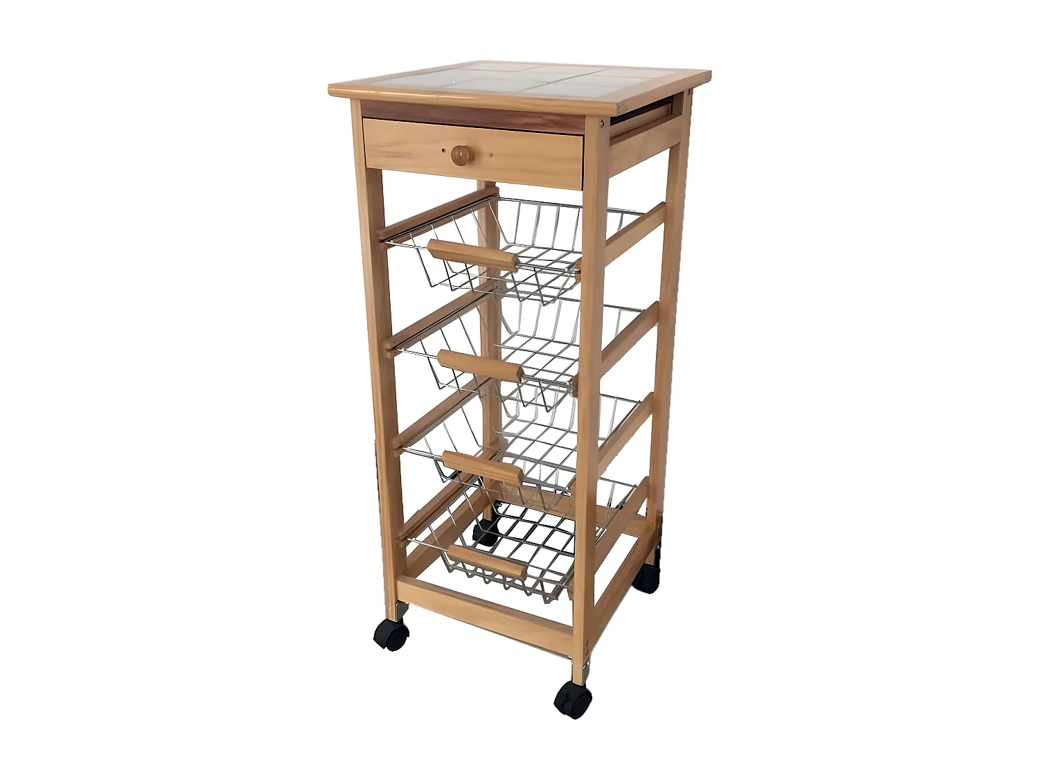 Meyvaser - Carrito Frutero Verdulero con 4 cestas y Cajón para Accesorios en Color Miel 37x37x85 cm