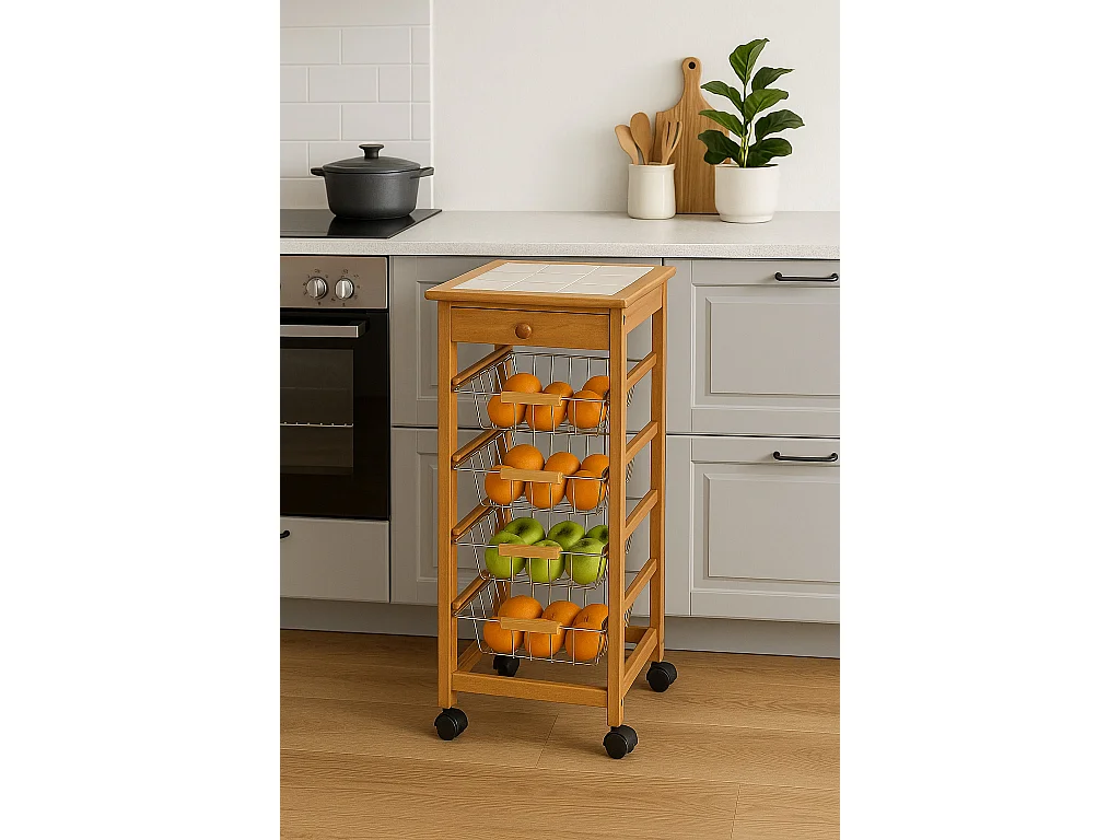 Meyvaser - Carrito Frutero Verdulero con 4 cestas y Cajón para Accesorios en Color Miel 37x37x85 cm