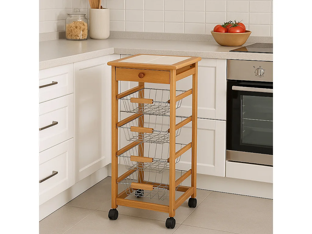 Meyvaser - Carrito Frutero Verdulero con 4 cestas y Cajón para Accesorios en Color Miel 37x37x85 cm