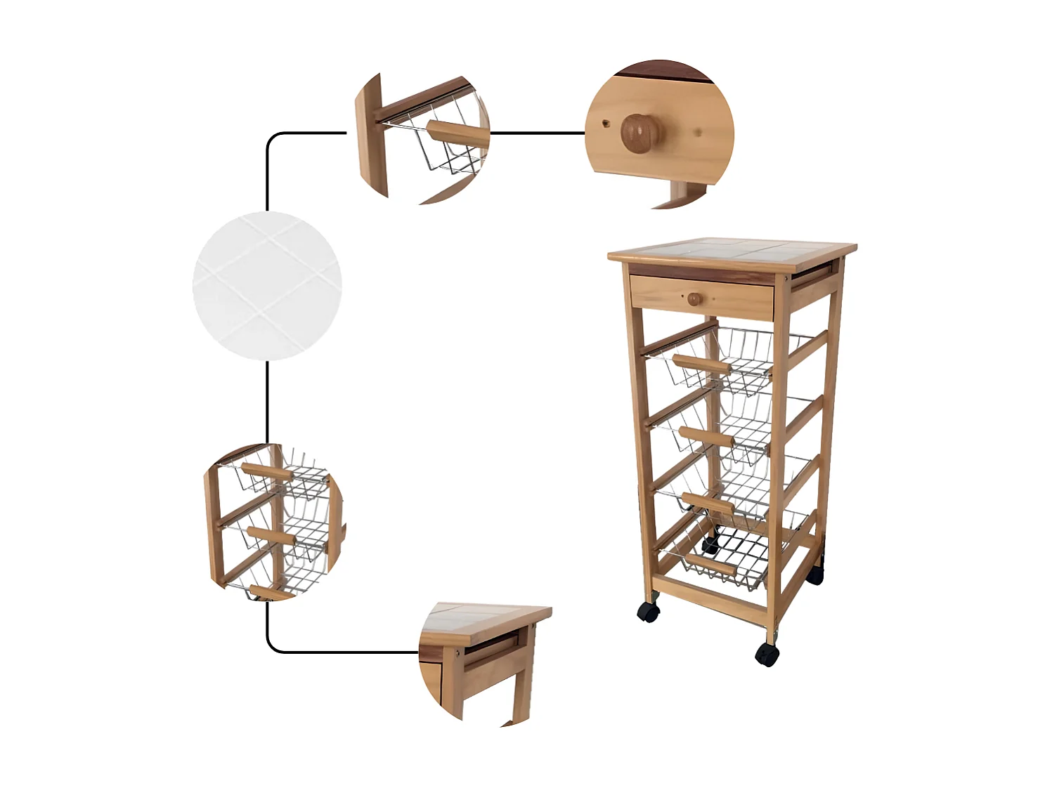 Meyvaser - Carrito Frutero Verdulero con 4 cestas y Cajón para Accesorios en Color Miel 37x37x85 cm