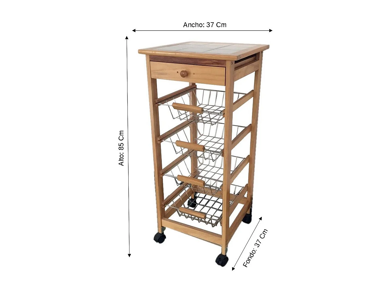 Meyvaser - Carrito Frutero Verdulero con 4 cestas y Cajón para Accesorios en Color Miel 37x37x85 cm