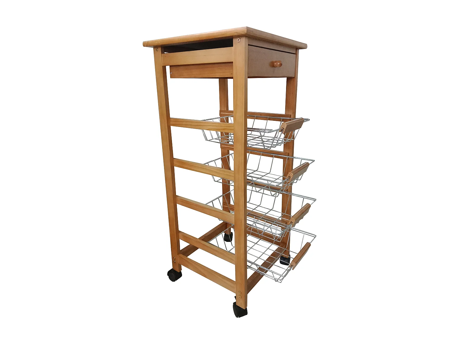 Meyvaser - Carrito Frutero Verdulero con 4 cestas y Cajón para Accesorios en Color Miel 37x37x85 cm