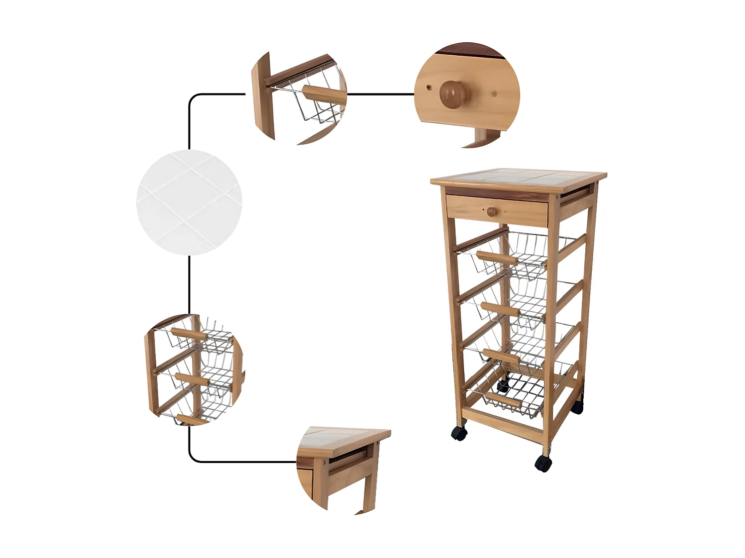 Meyvaser - Carrito Frutero Verdulero con 4 cestas y Cajón para Accesorios en Color Miel 37x37x85 cm