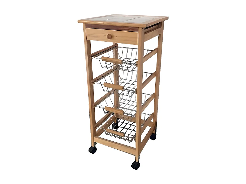 Meyvaser - Carrito Frutero Verdulero con 4 cestas y Cajón para Accesorios en Color Miel 37x37x85 cm