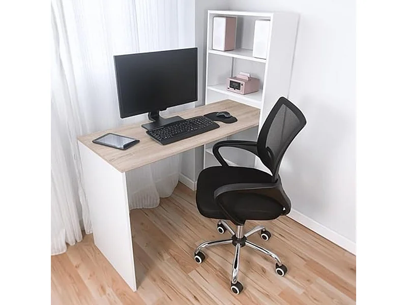 Meyvaser - Mesa de Ordenador,Mesa Escritorio con Estanteria Reversible, Medidas: 122 cm (Ancho) x 50 cm (Fondo) x140 cm (Alto) Color Blanco y Cambrian