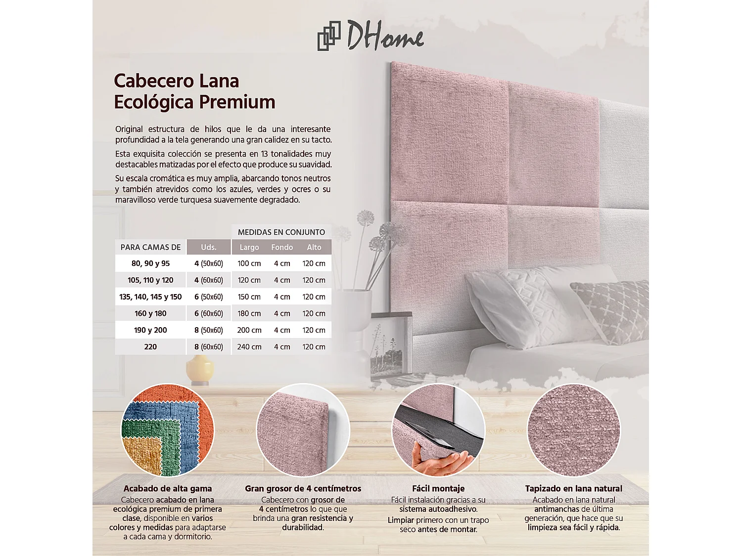 DHOME Tête de Lit Rembourrée en Laine Écologique Composée de Panneaux Autocollants Interchangeables Chambre de Luxe Rembourrée (saumon, 220 cm)