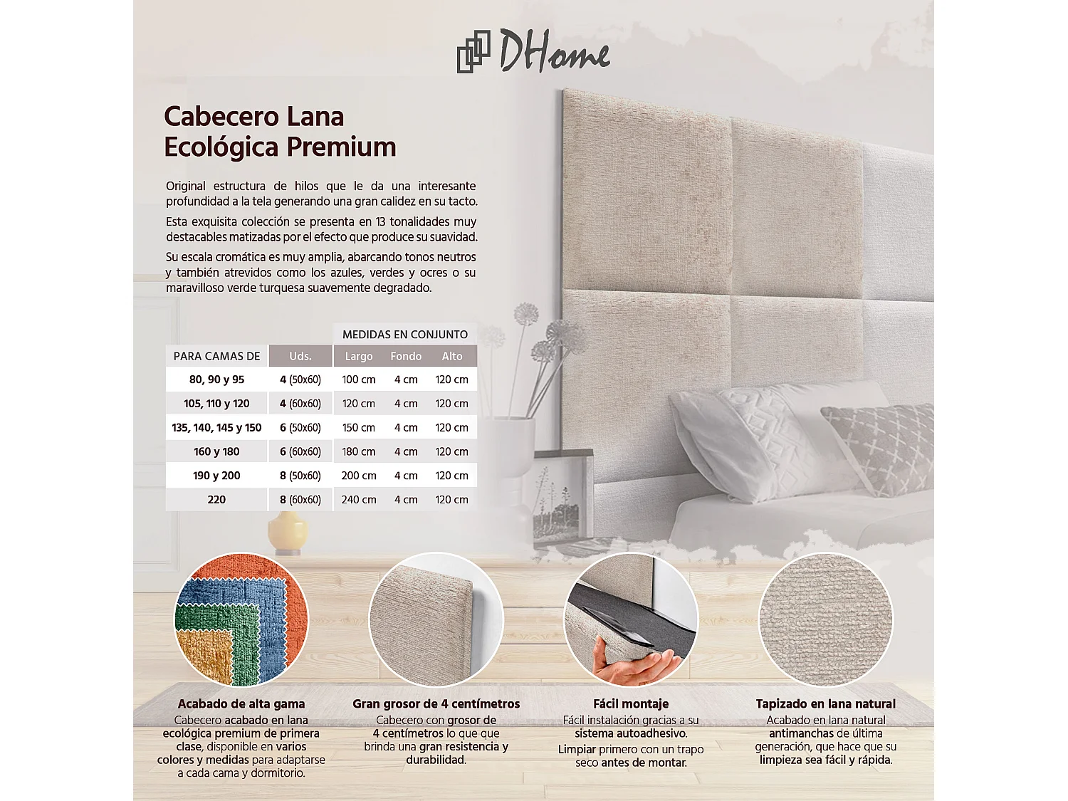 DHOME Tête de Lit Rembourrée en Laine Écologique Composée de Panneaux Autocollants Interchangeables Chambre de Luxe Rembourrée (Beige, 180 cm)