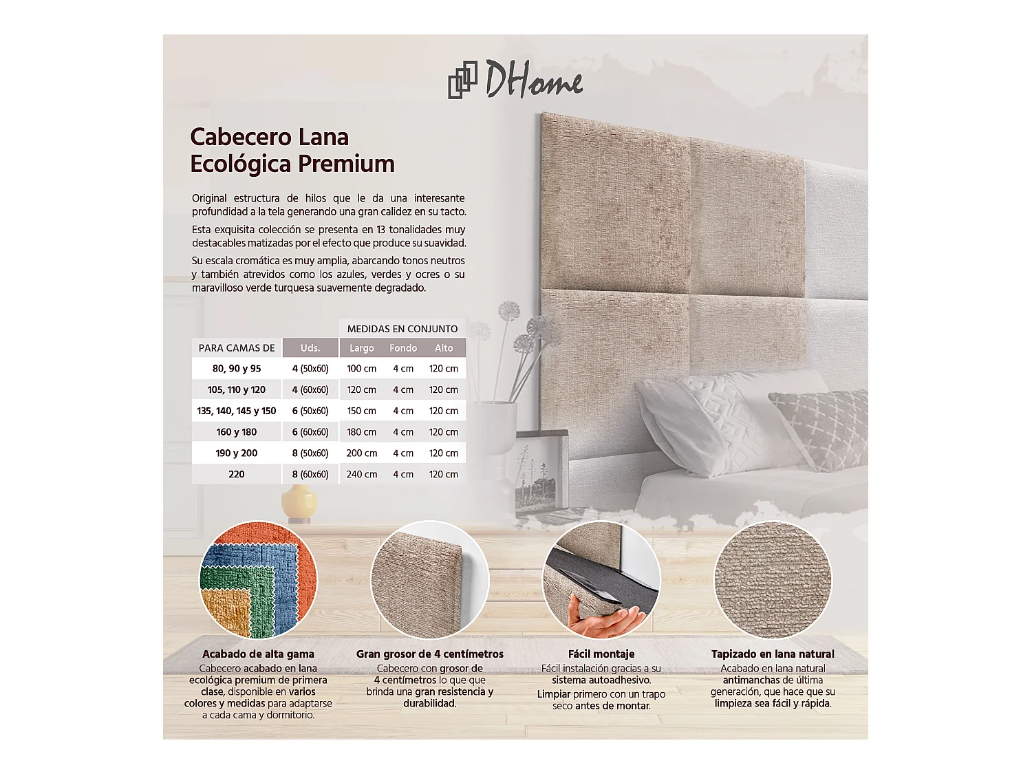DHOME Gepolstertes Kopfteil aus ökologischer Wolle, bestehend aus austauschbaren selbstklebenden Paneelen, luxuriöses gepolstertes Schlafzimmer (Hellbraun, 80cm)