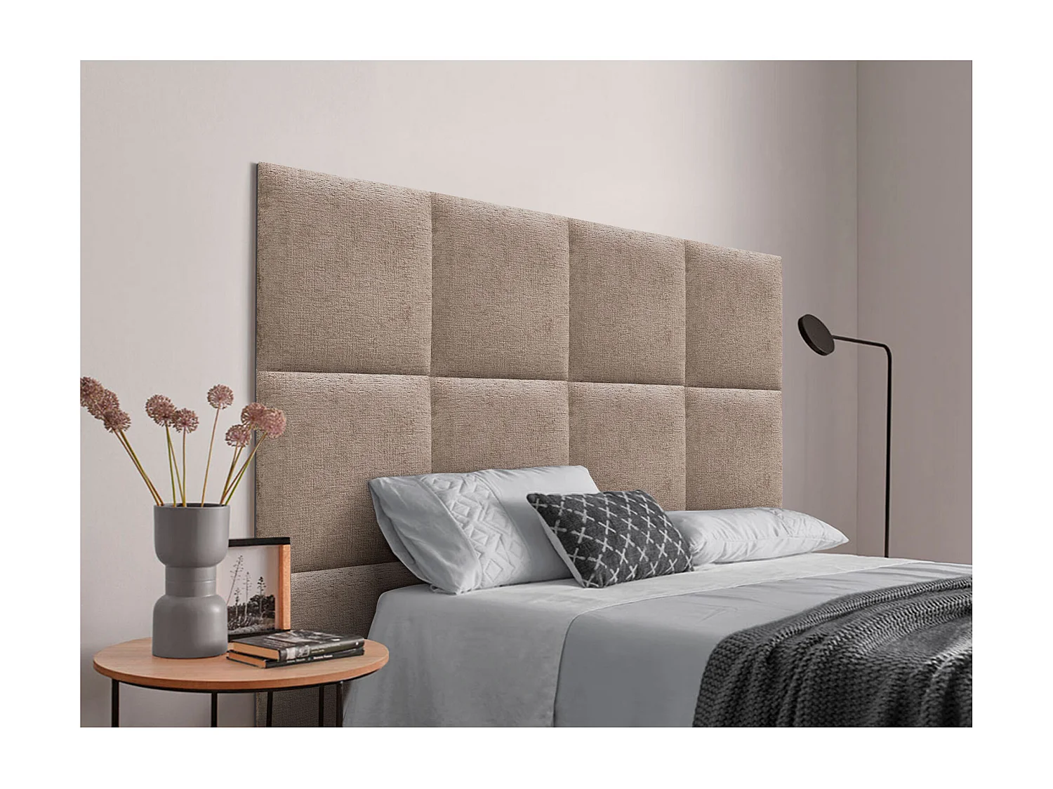 DHOME Gepolstertes Kopfteil aus ökologischer Wolle, bestehend aus austauschbaren selbstklebenden Paneelen, luxuriöses gepolstertes Schlafzimmer (Braun, 200cm)