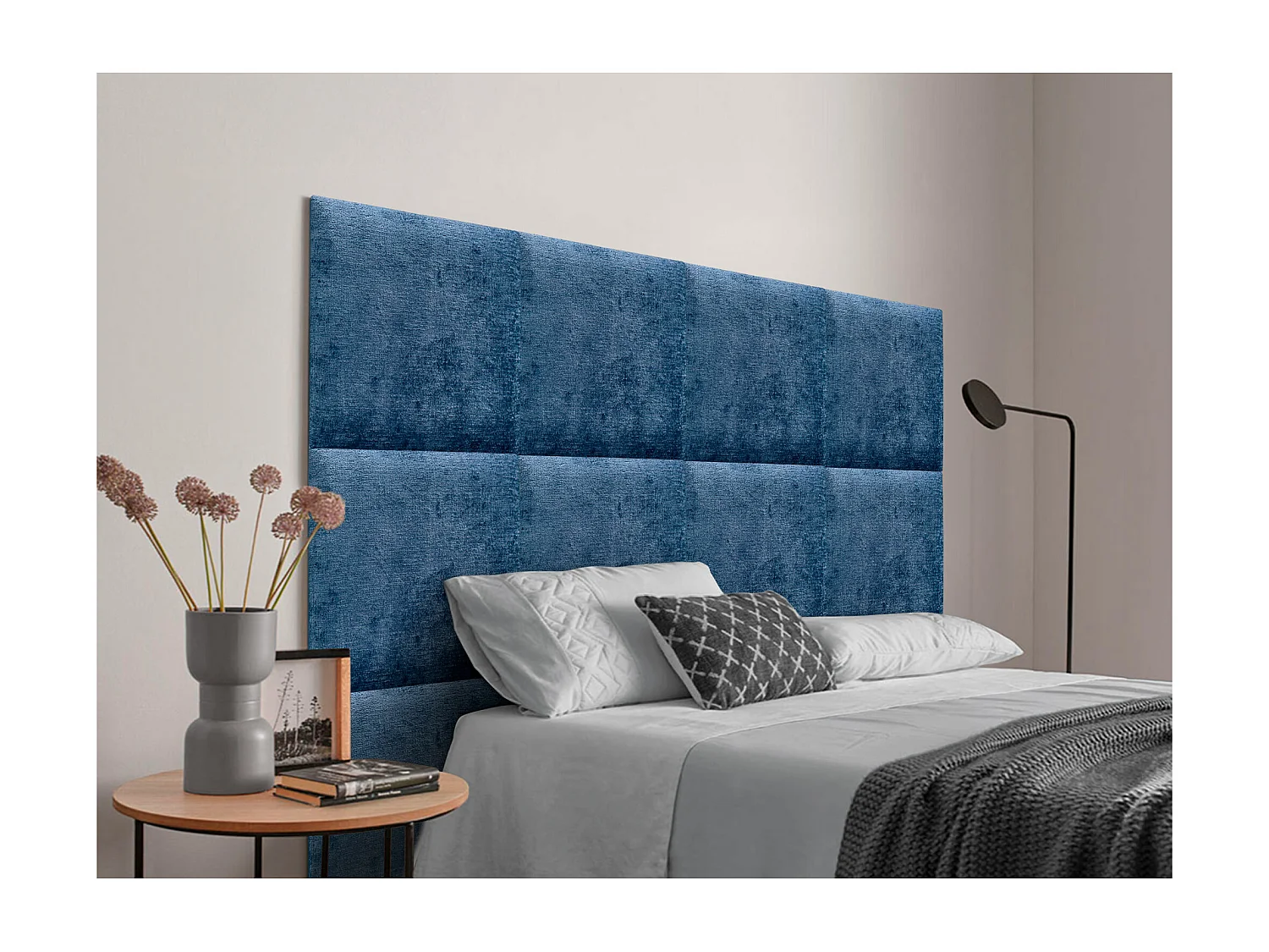 DHOME Tête de Lit Rembourrée en Laine Écologique Composée de Panneaux Autocollants Interchangeables Chambre de Luxe Rembourrée (Bleu, 80 cm)