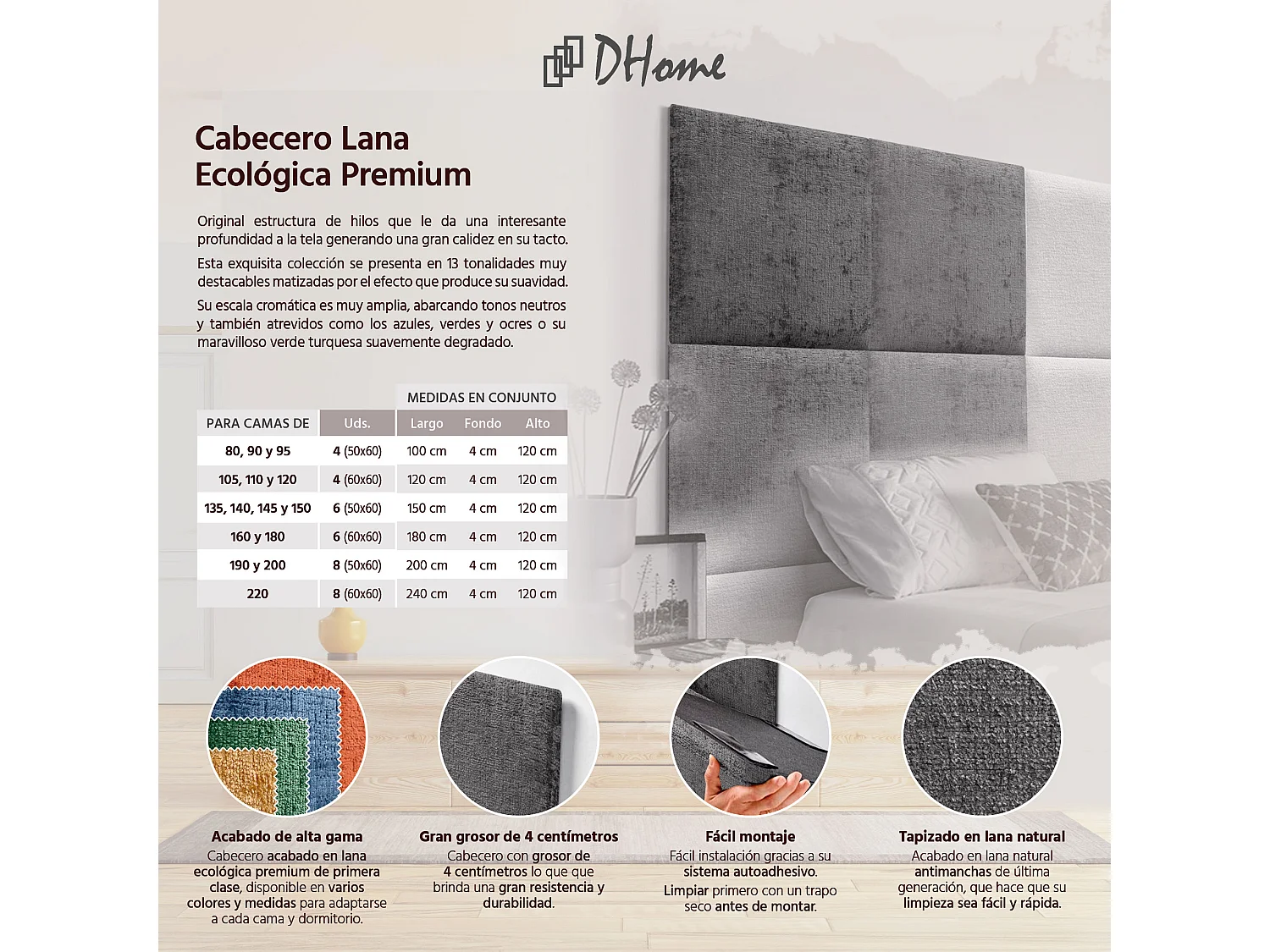 DHOME Tête de Lit Rembourrée en Laine Écologique Composée de Panneaux Autocollants Interchangeables Chambre de Luxe Rembourrée (Gris Foncé, 135 cm)