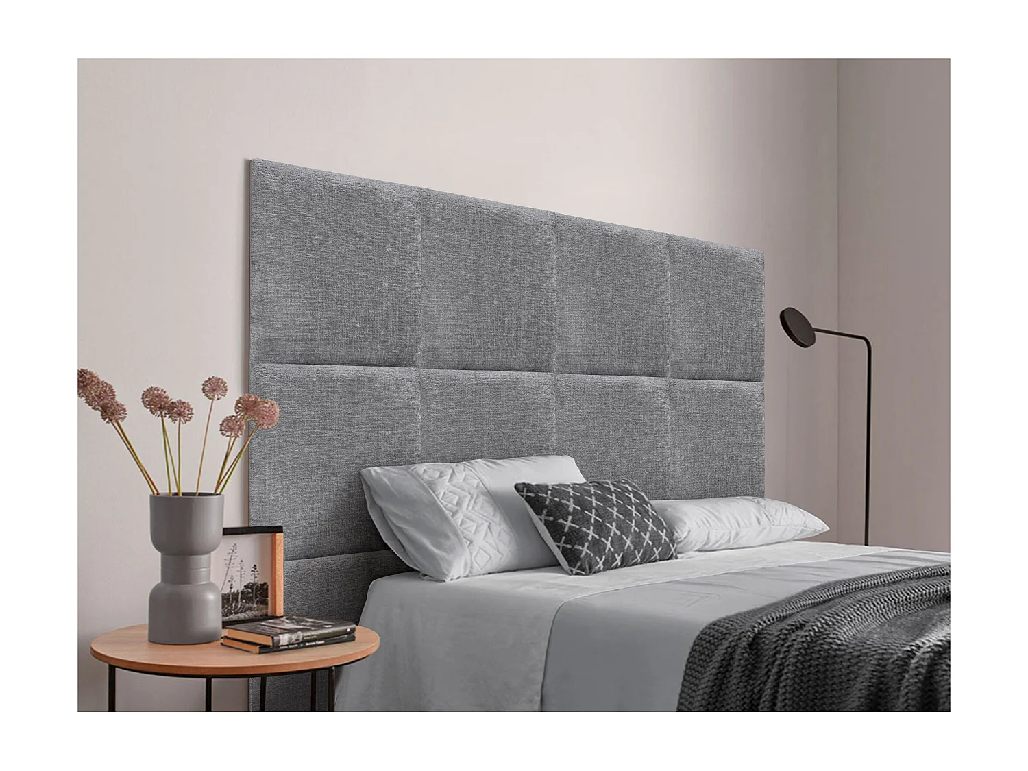 DHOME Tête de Lit Rembourrée en Laine Écologique Composée de Panneaux Autocollants Interchangeables Chambre de Luxe Rembourrée (Gris, 200 cm)