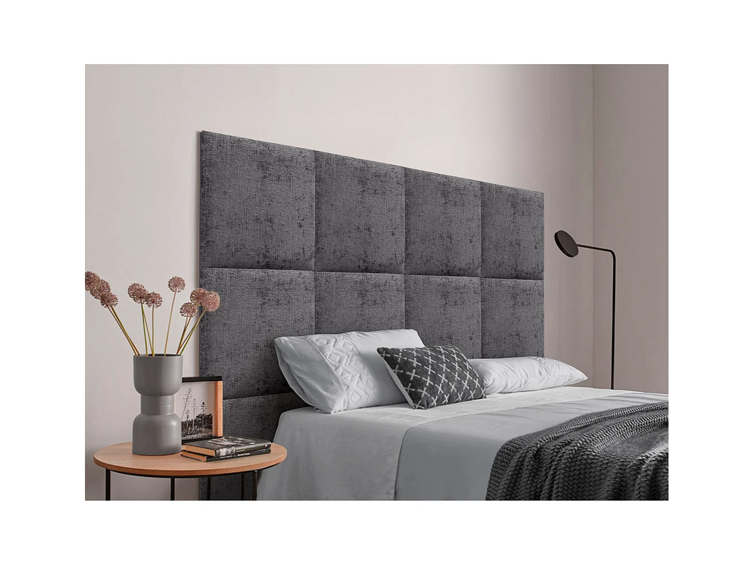 DHOME Gestoffeerd hoofdeinde in ecologische wol samengesteld uit verwisselbare zelfklevende panelen Luxe slaapkamer opgevuld (donkergrijs, 110cm)