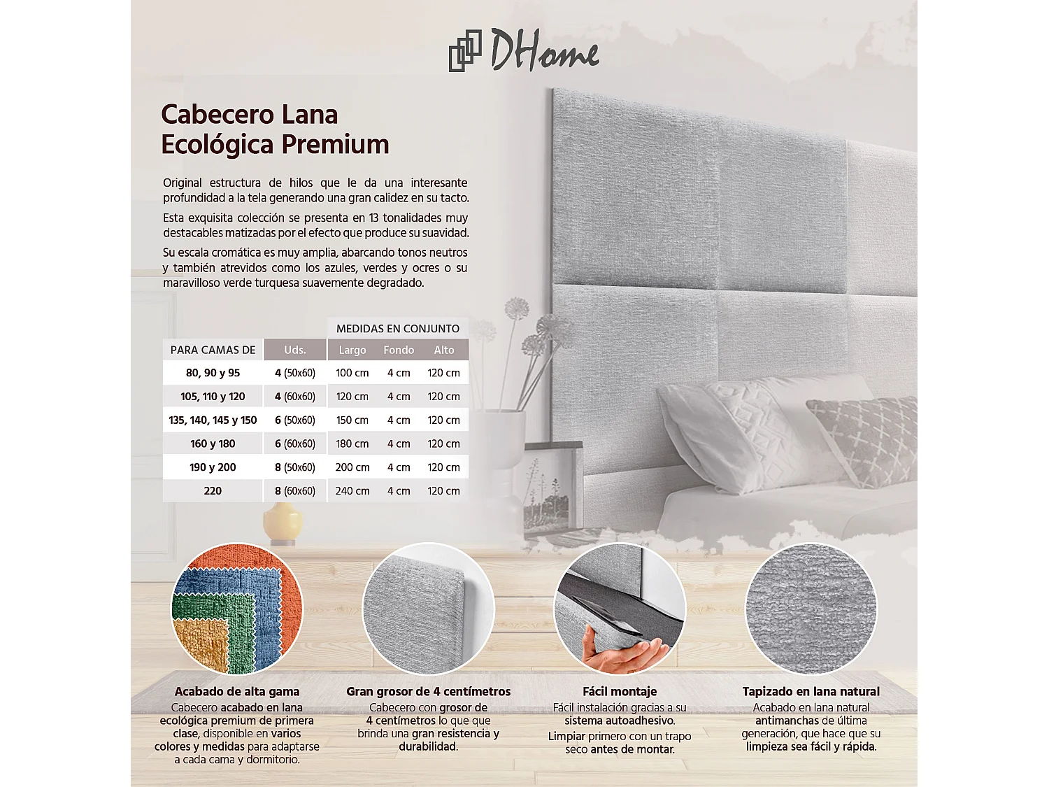 DHOME Tête de Lit Rembourrée en Laine Écologique Composée de Panneaux Autocollants Interchangeables Chambre de Luxe Rembourrée (Gris Clair, 120 cm)