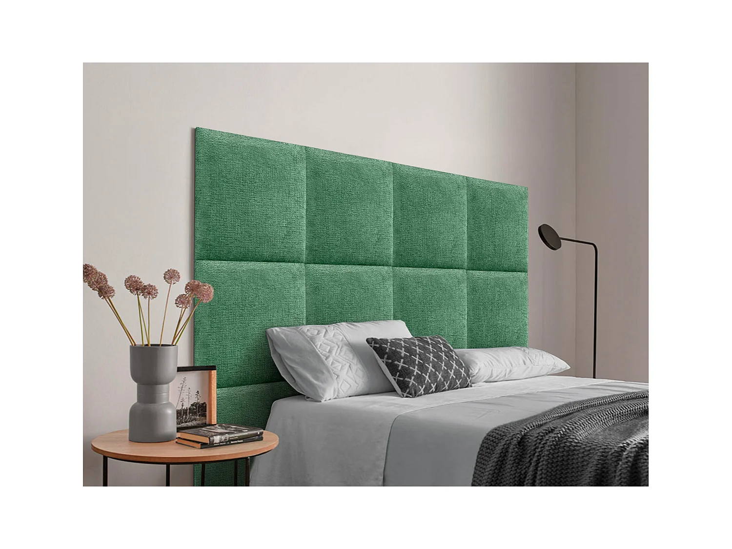DHOME Tête de Lit Rembourrée en Laine Écologique Composée de Panneaux Autocollants Interchangeables Chambre de Luxe Rembourrée (Vert, 220 cm)