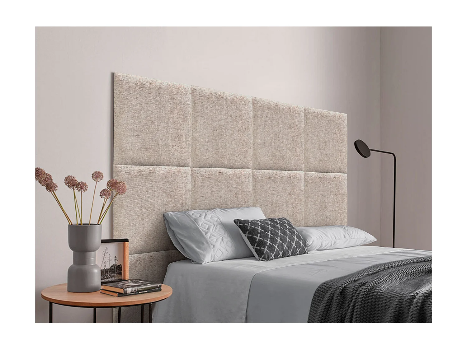 DHOME Gepolstertes Kopfteil aus ökologischer Wolle, bestehend aus austauschbaren selbstklebenden Paneelen, luxuriöses gepolstertes Schlafzimmer (Beige, 150cm)