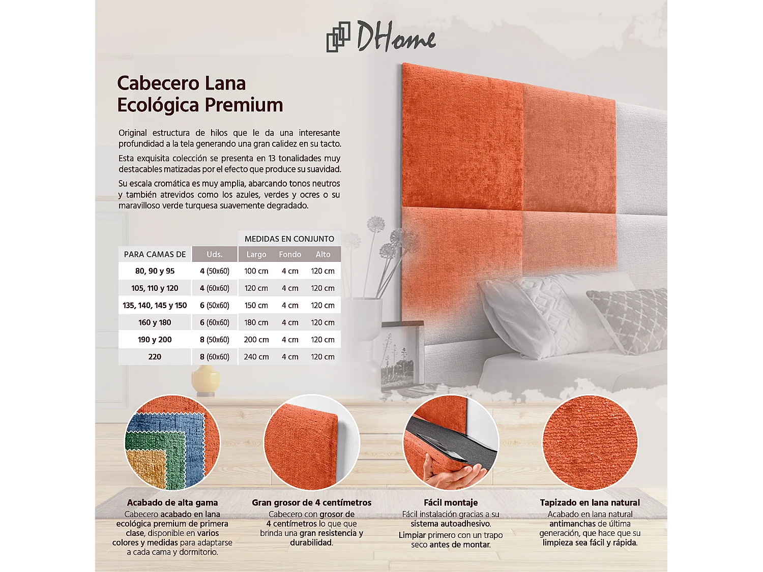DHOME Tête de Lit Rembourrée en Laine Écologique Composée de Panneaux Autocollants Interchangeables Chambre de Luxe Rembourrée (Orange, 135 cm)