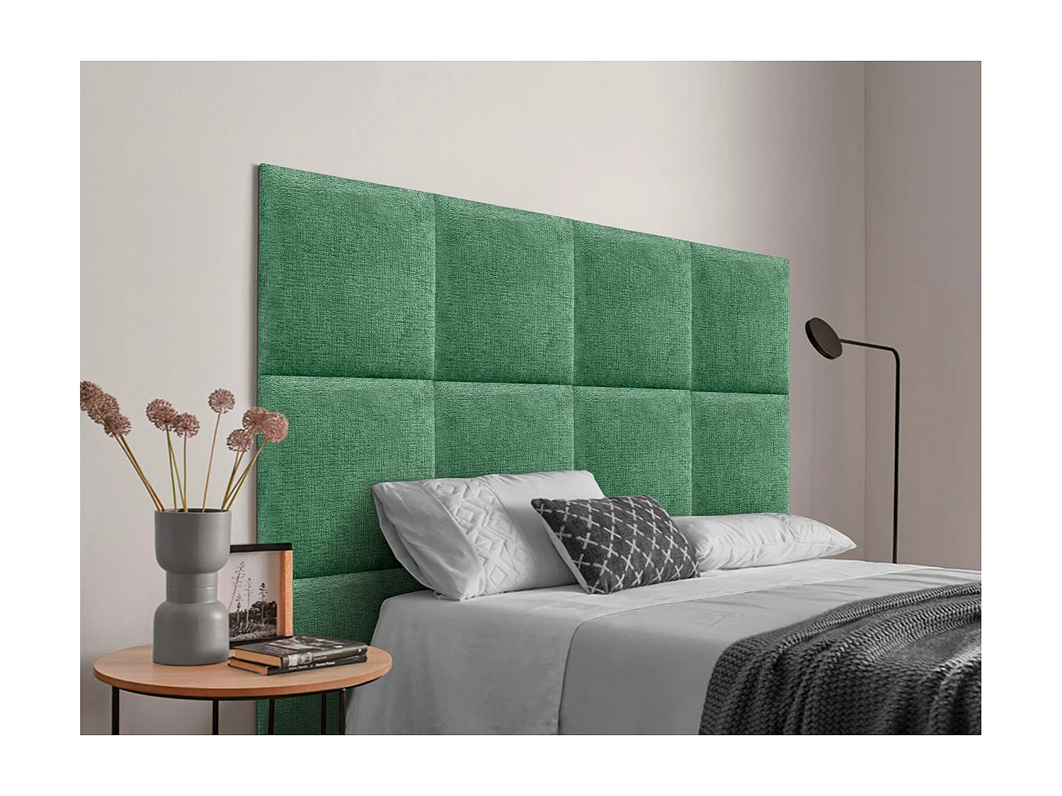 DHOME Tête de Lit Rembourrée en Laine Écologique Composée de Panneaux Autocollants Interchangeables Chambre de Luxe Rembourrée (Vert, 160 cm)