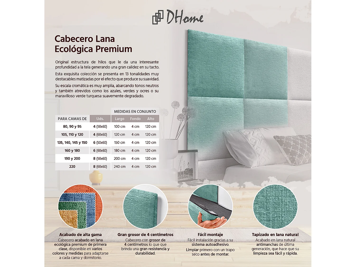 DHOME Tête de Lit Rembourrée en Laine Écologique Composée de Panneaux Autocollants Interchangeables Chambre de Luxe Rembourrée (vert aqua, 200 cm)