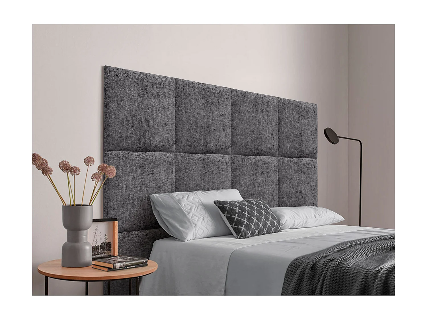 DHOME Tête de Lit Rembourrée en Laine Écologique Composée de Panneaux Autocollants Interchangeables Chambre de Luxe Rembourrée (gris foncé, 145 cm)