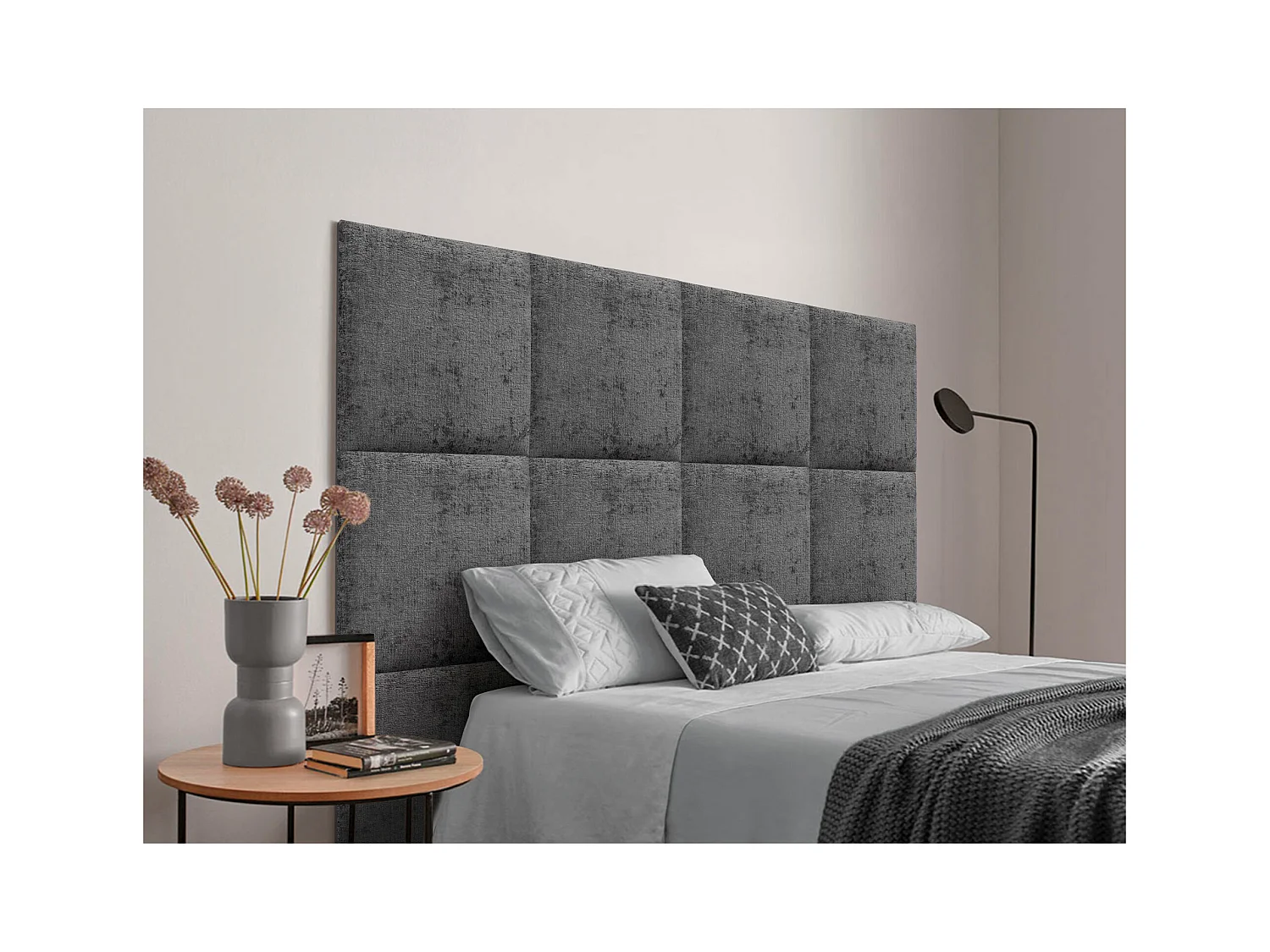 DHOME Gepolstertes Kopfteil aus ökologischer Wolle, bestehend aus austauschbaren selbstklebenden Paneelen, luxuriöses gepolstertes Schlafzimmer (Dunkelgrau, 95cm)