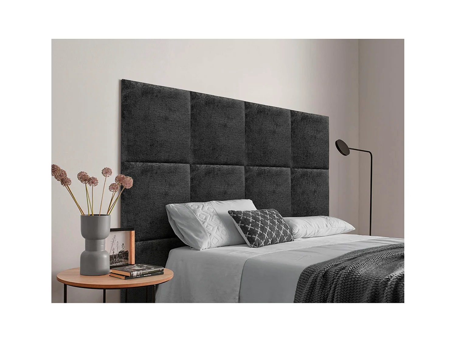 DHOME Testiera Imbottita in Lana Ecologica Composta da Pannelli Autoadesivi Intercambiabili Camera da Letto di Lusso Imbottita (Nero, 200cm)