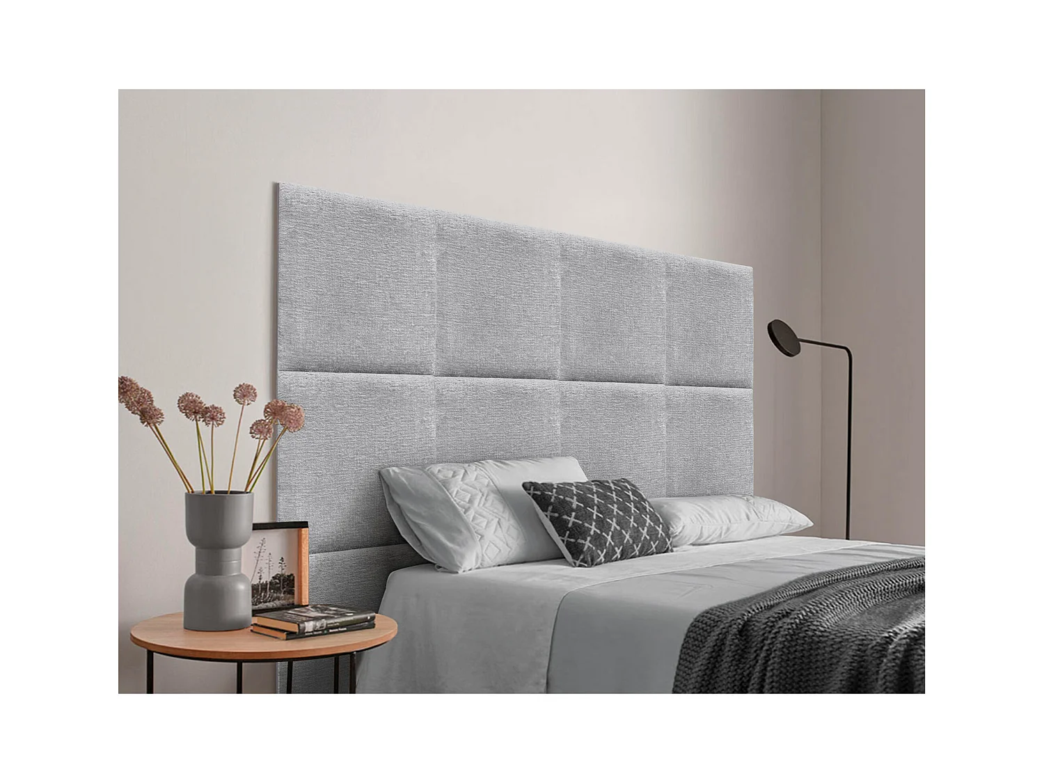 DHOME Tête de Lit Rembourrée en Laine Écologique Composée de Panneaux Autocollants Interchangeables Chambre de Luxe Rembourrée (Gris Clair, 135 cm)