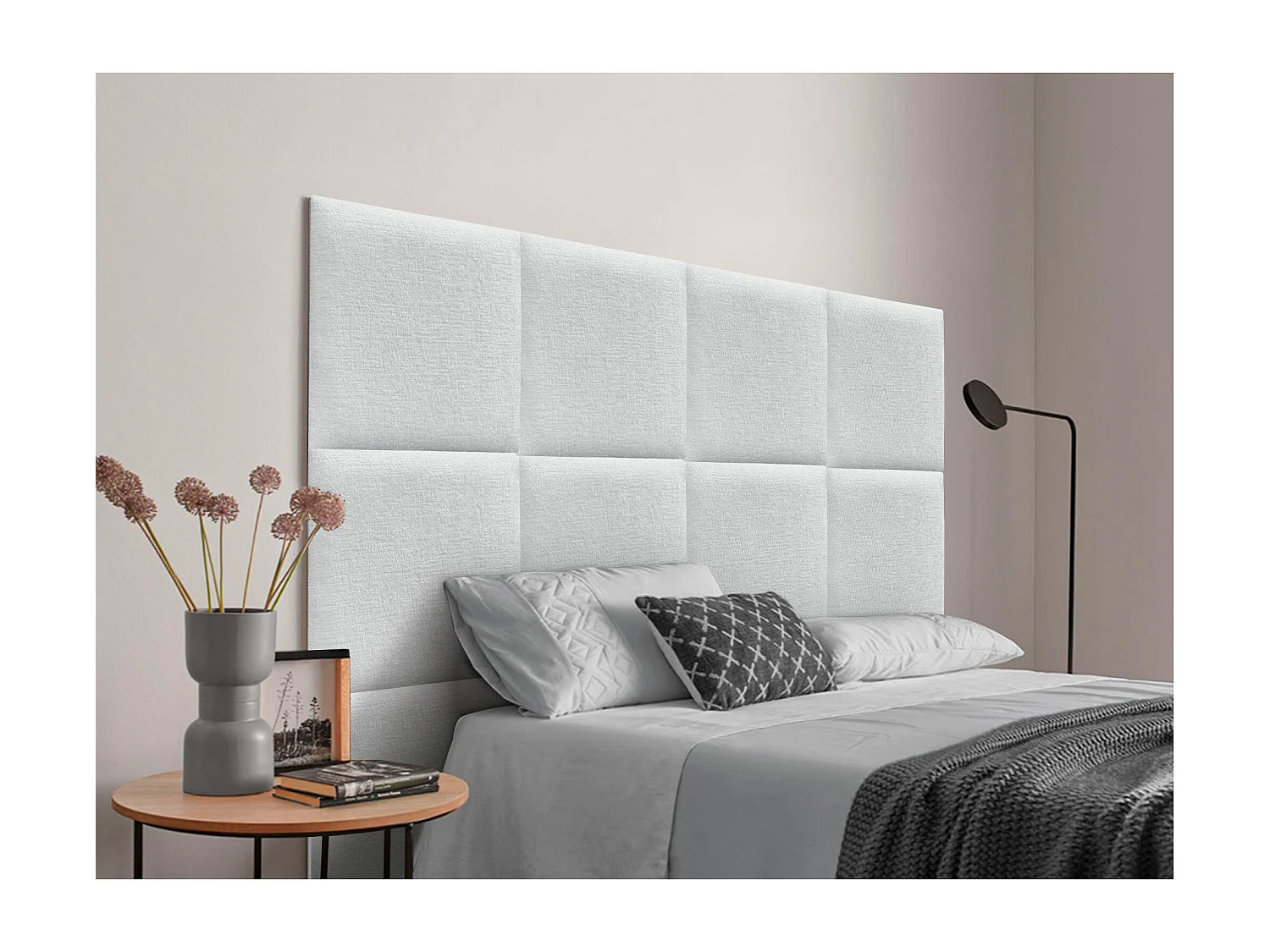 DHOME Tête de Lit Rembourrée en Laine Écologique Composée de Panneaux Autocollants Interchangeables Chambre de Luxe Rembourrée (Blanc, 95 cm)
