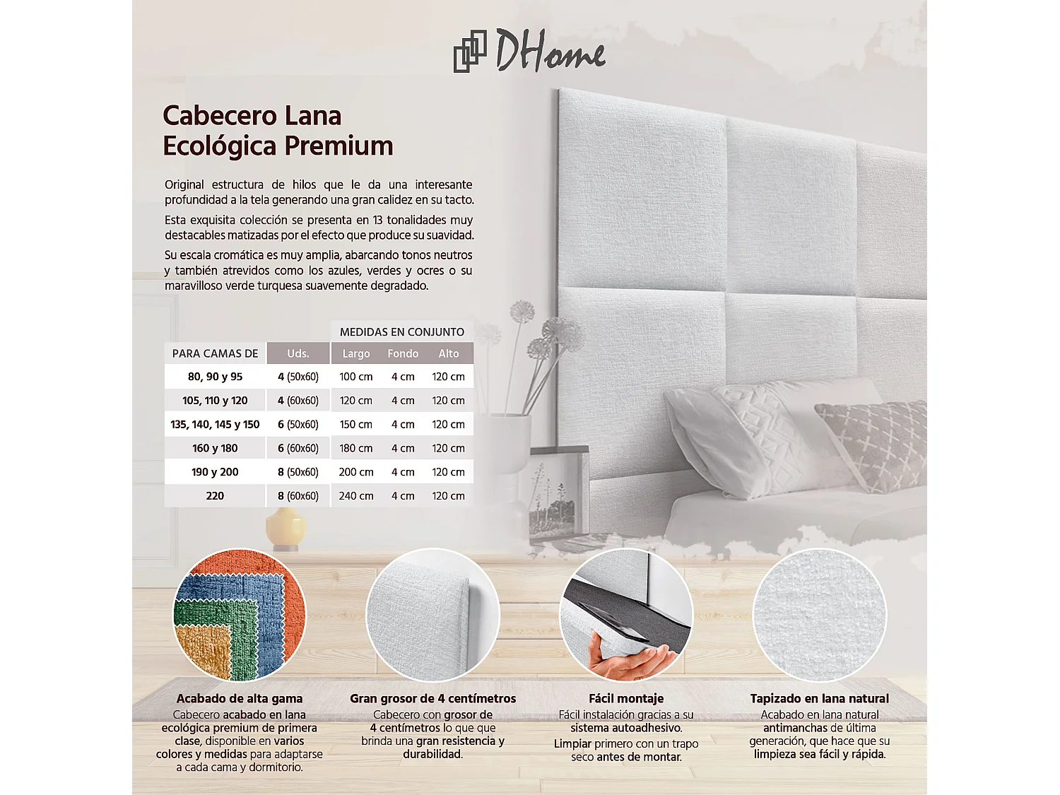 DHOME Tête de Lit Rembourrée en Laine Écologique Composée de Panneaux Autocollants Interchangeables Chambre de Luxe Rembourrée (Blanc, 95 cm)