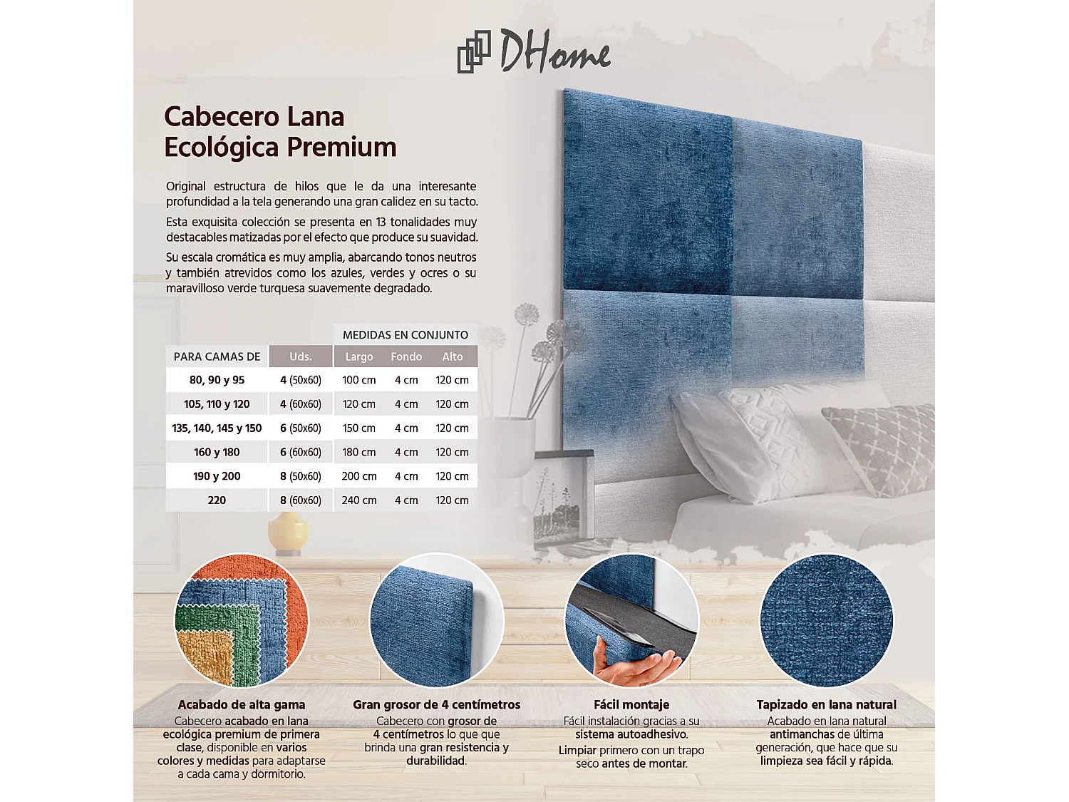 DHOME Tête de Lit Rembourrée en Laine Écologique Composée de Panneaux Autocollants Interchangeables Chambre de Luxe Rembourrée (Bleu, 135 cm)