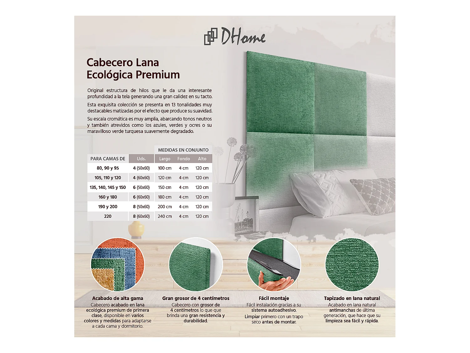 DHOME Tête de Lit Rembourrée en Laine Écologique Composée de Panneaux Autocollants Interchangeables Chambre de Luxe Rembourrée (Vert, 140 cm)
