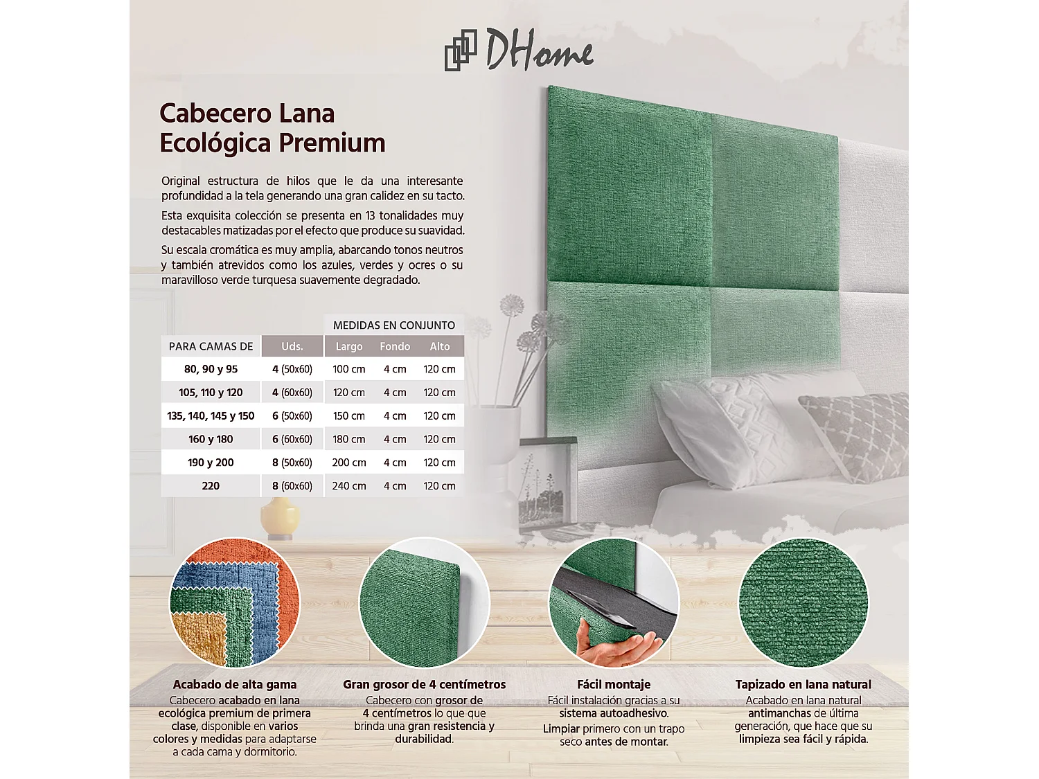 DHOME Tête de Lit Rembourrée en Laine Écologique Composée de Panneaux Autocollants Interchangeables Chambre de Luxe Rembourrée (Vert, 140 cm)