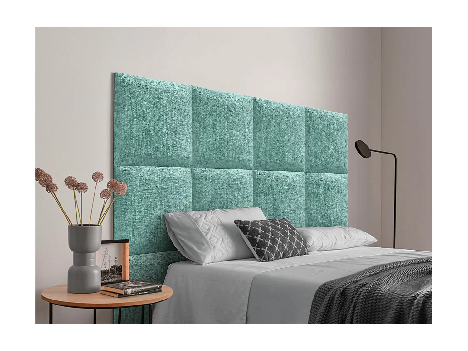 DHOME Tête de Lit Rembourrée en Laine Écologique Composée de Panneaux Autocollants Interchangeables Chambre de Luxe Rembourrée (vert aqua, 90 cm)