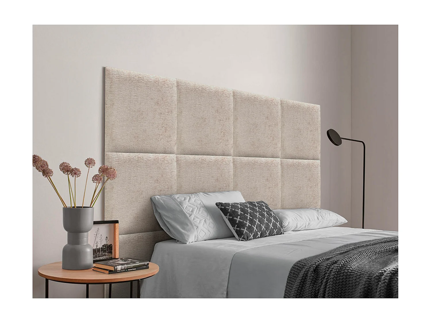 DHOME Tête de Lit Rembourrée en Laine Écologique Composée de Panneaux Autocollants Interchangeables Chambre de Luxe Rembourrée (Beige, 90 cm)