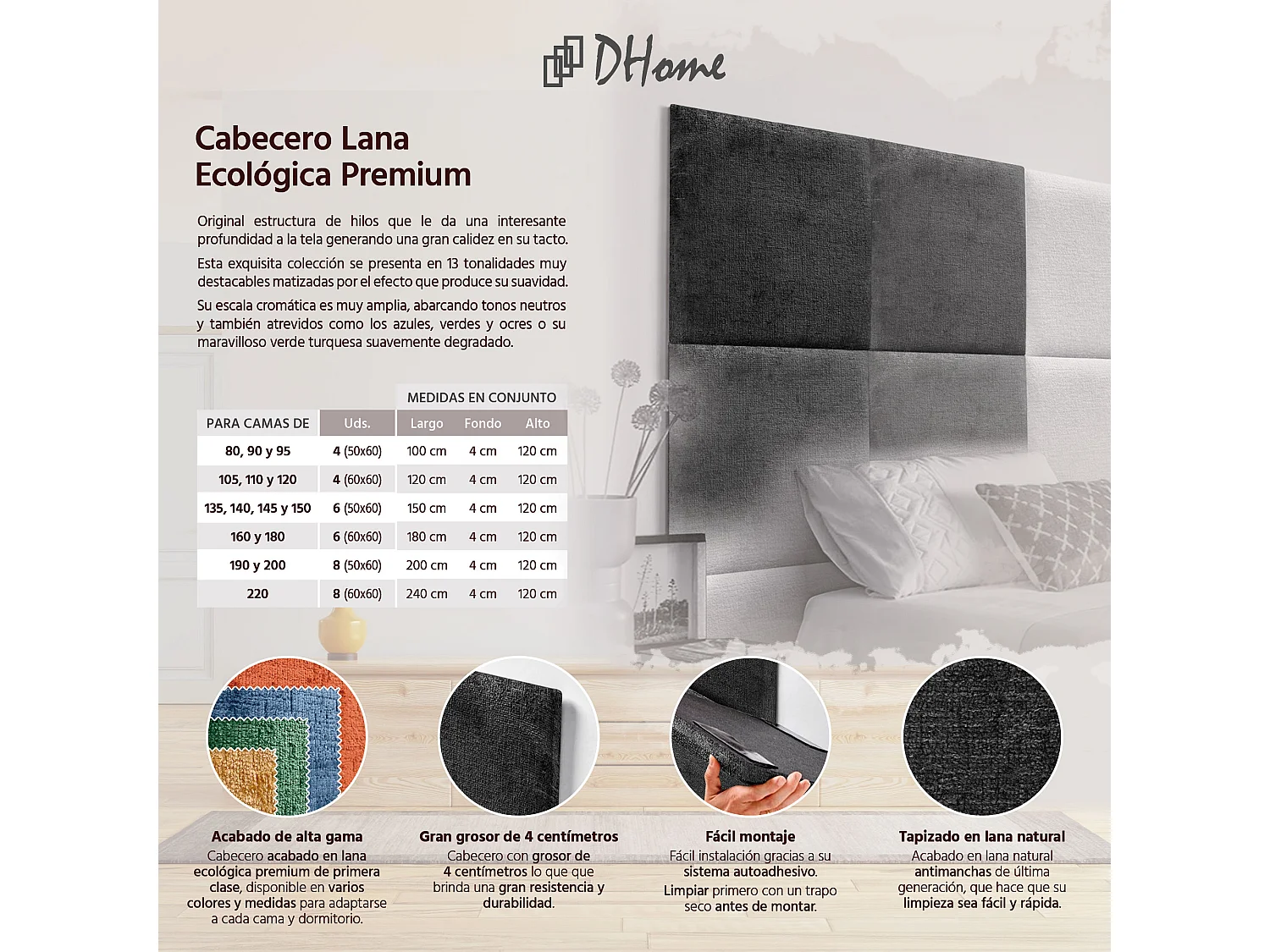 DHOME Testiera Imbottita in Lana Ecologica Composta da Pannelli Autoadesivi Intercambiabili Camera da Letto di Lusso Imbottita (Nero, 220cm)