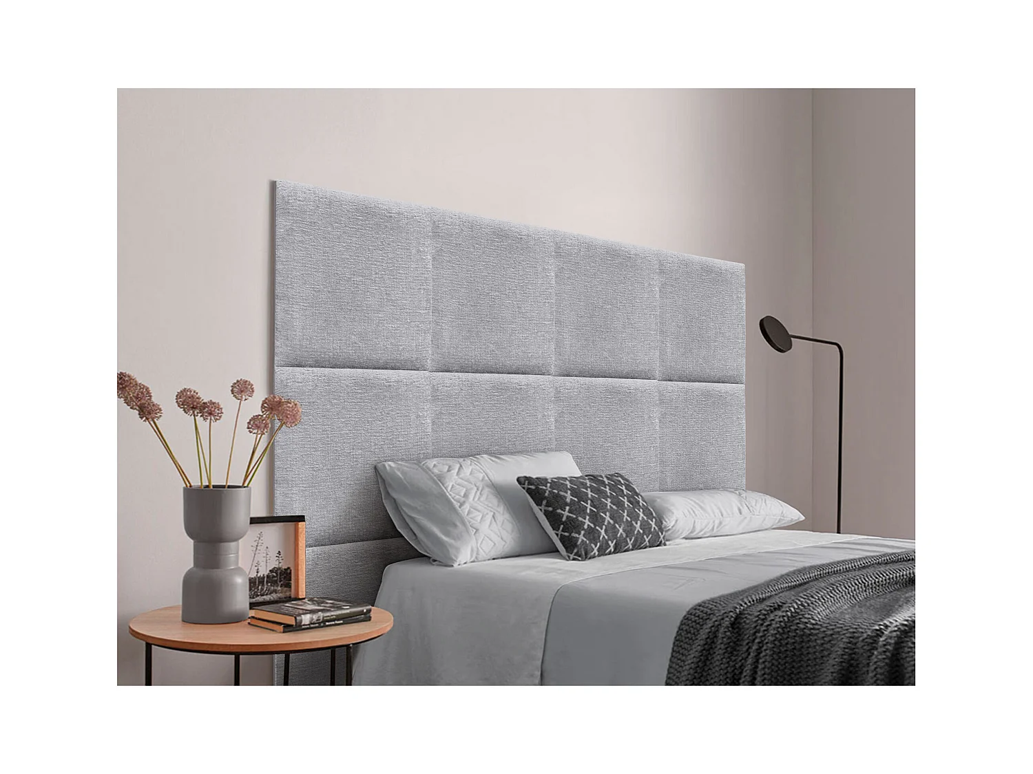 DHOME Gepolstertes Kopfteil aus ökologischer Wolle, bestehend aus austauschbaren selbstklebenden Paneelen, luxuriöses gepolstertes Schlafzimmer (Hellgrau, 160cm)