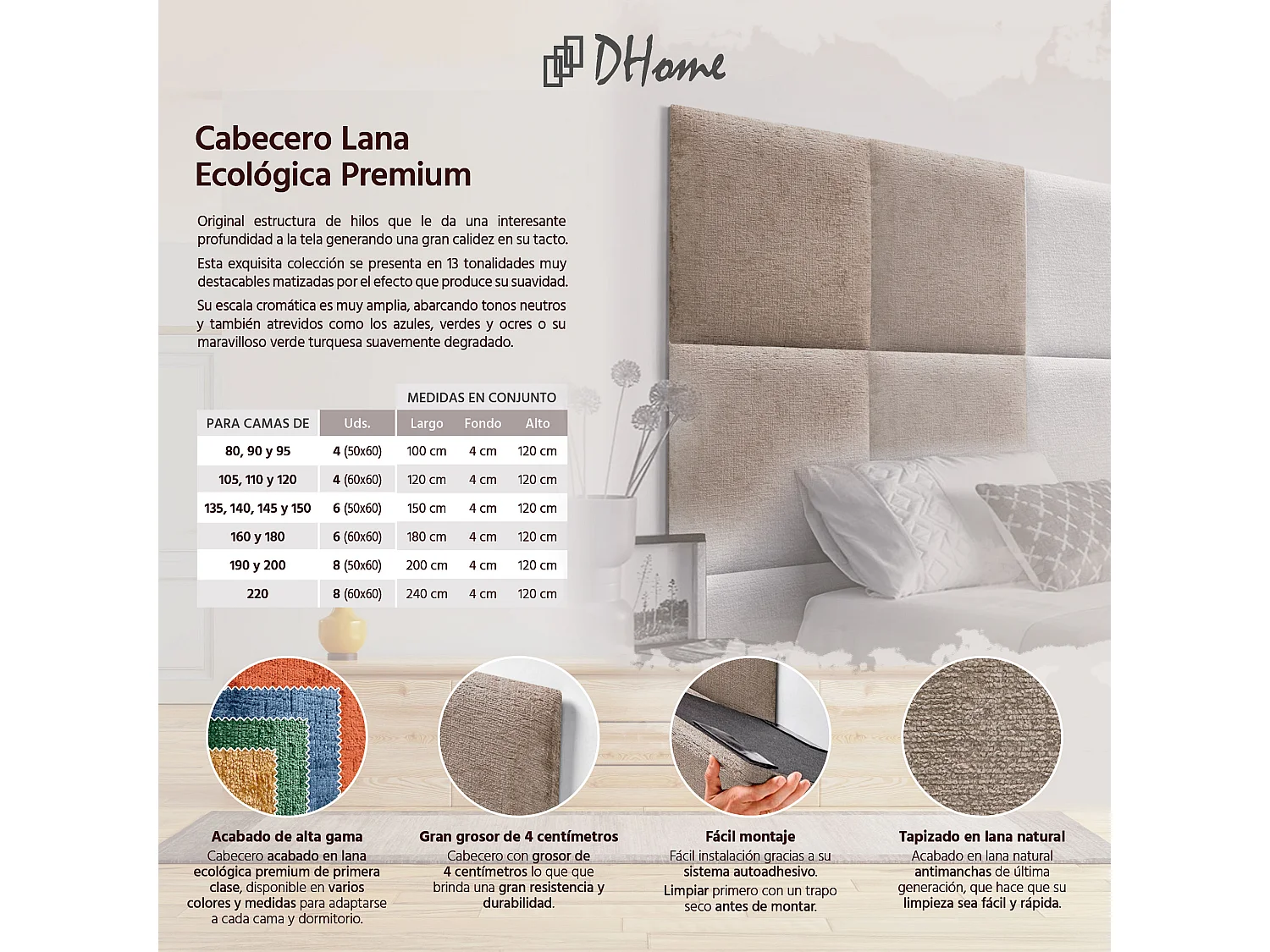 DHOME Tête de Lit Rembourrée en Laine Écologique Composée de Panneaux Autocollants Interchangeables Chambre de Luxe Rembourrée (Marron, 190 cm)