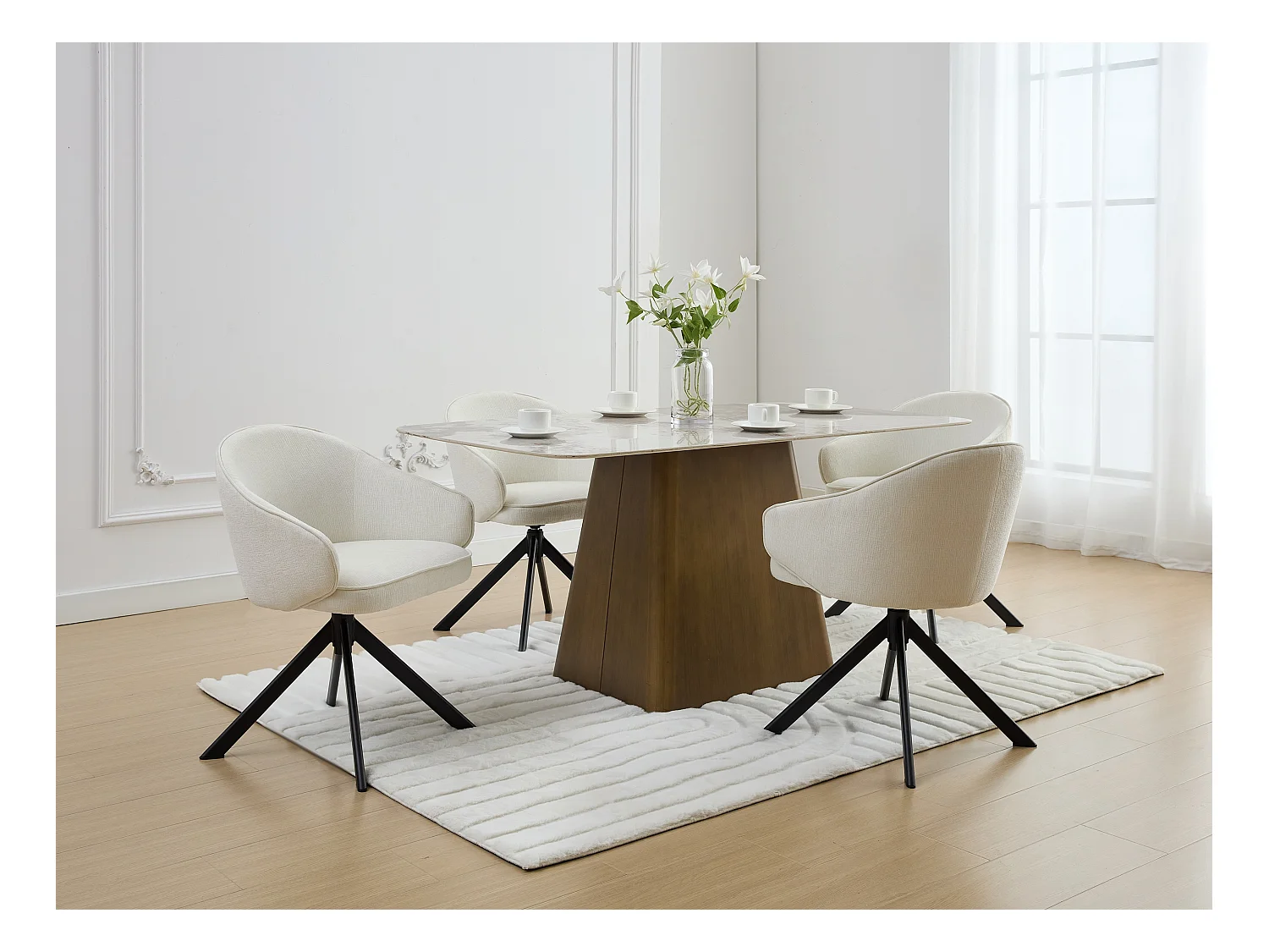 Lot de 6 chaises pivotantes avec accoudoirs en tissu texturé et métal noir - Crème - VEXONI de Pascal Morabito